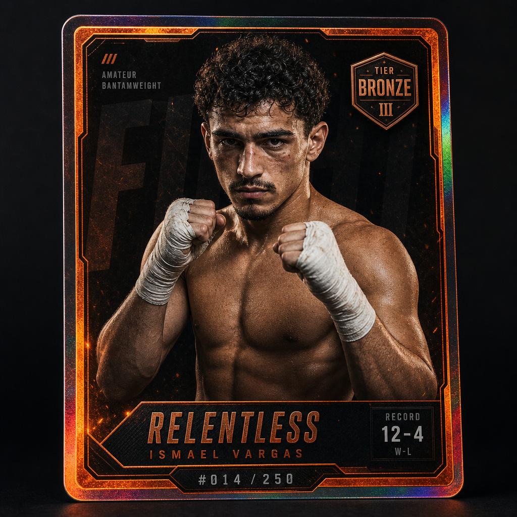 Example Digital Fighter Card: dark card with ember foil border, fighter portrait, tier badge, record block and serial number