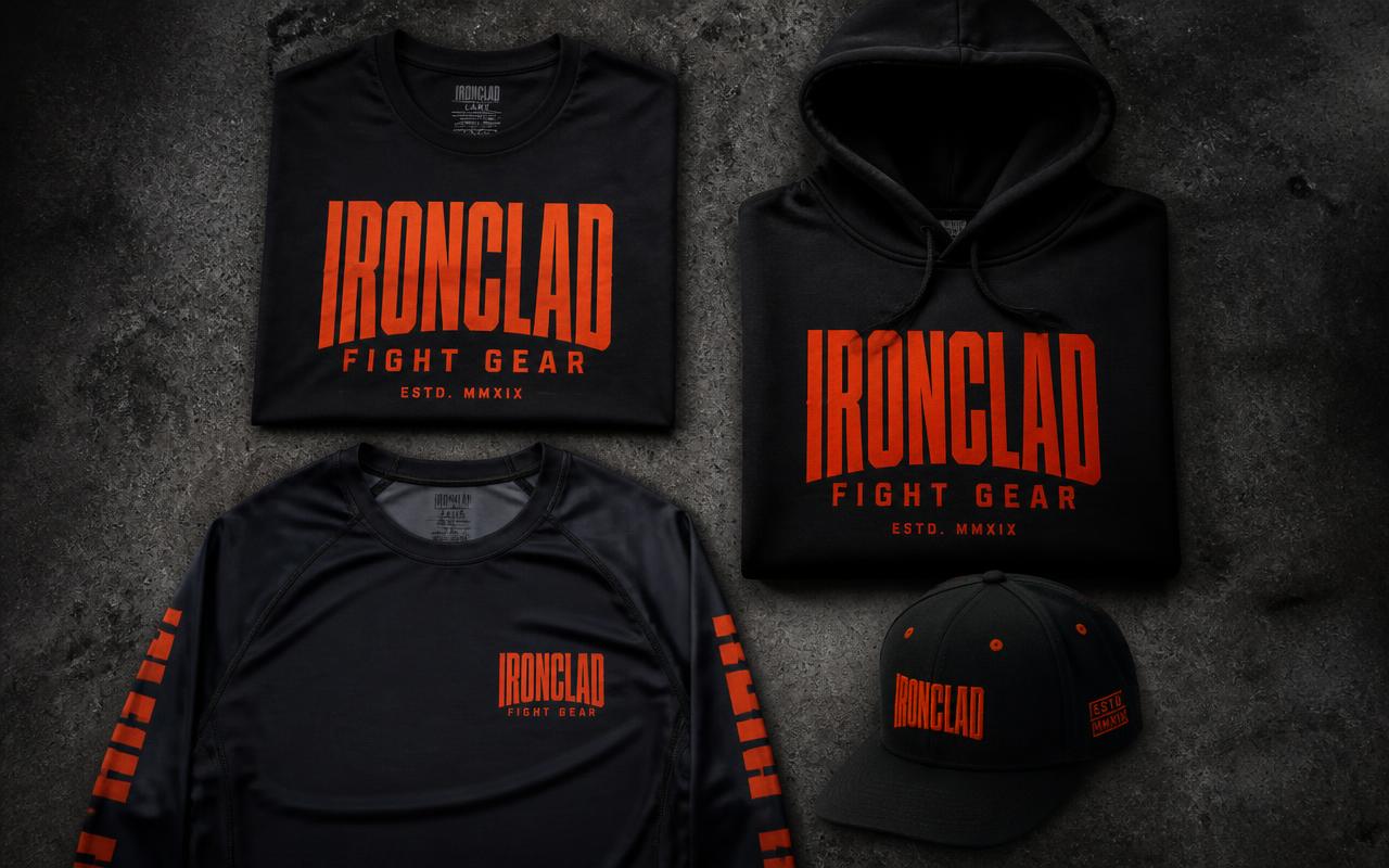 Concept apparel: black t-shirt, hoodie, rash guard and cap with ember-orange federation logo