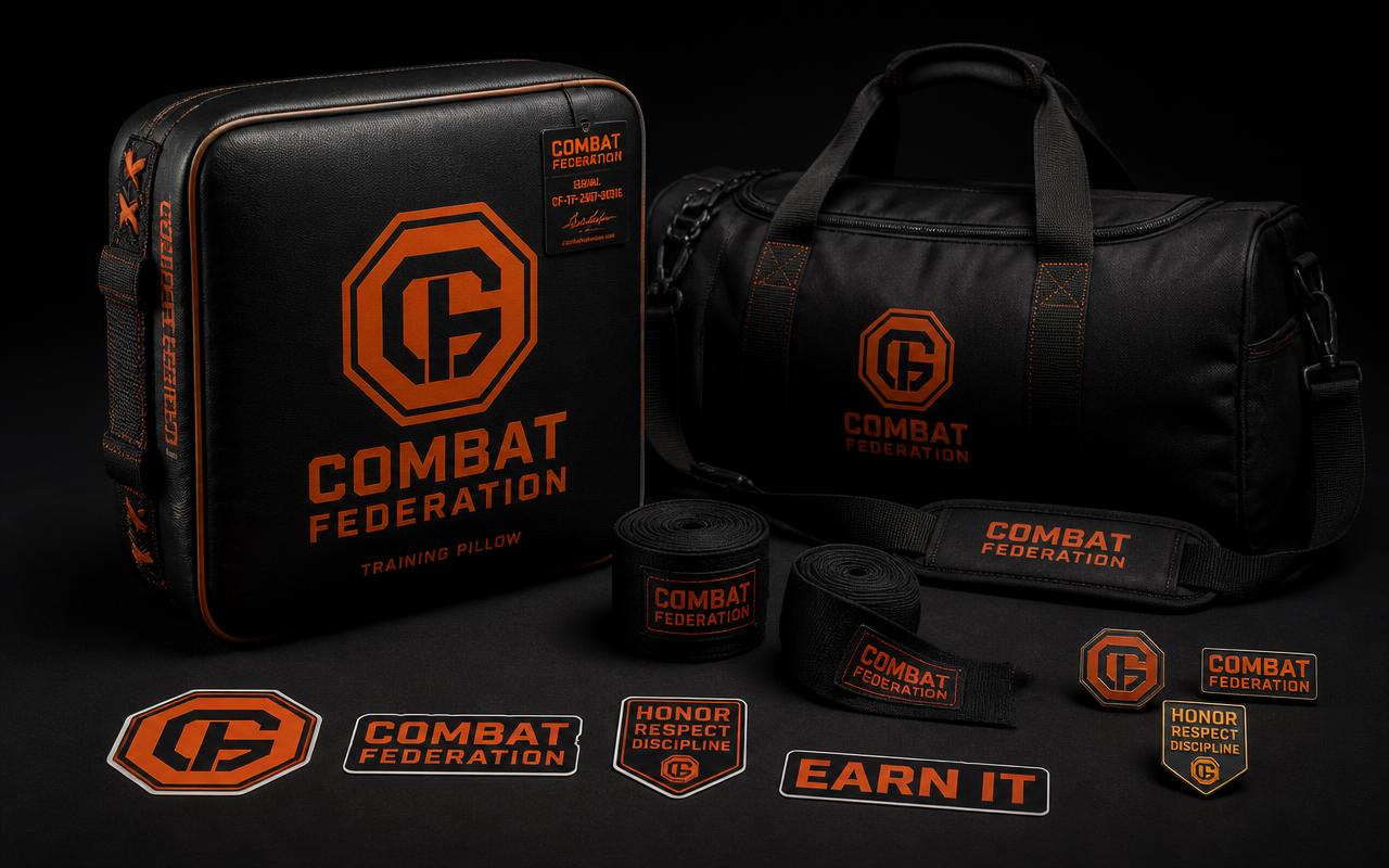 Concept gear: official training pillow with serial tag, hand wraps, gym bag, pins and stickers